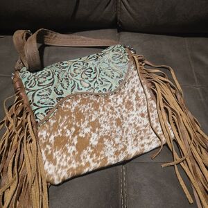 Bohemian Brown and Turquoise Crossbody Bag with Fringe
